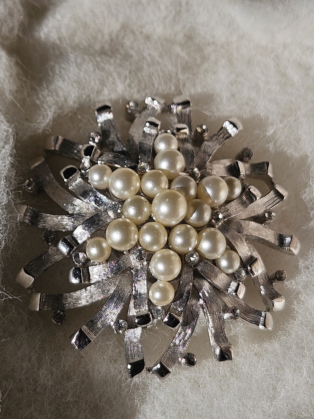 Trifari Silver Tone Brooch with Cream Pearls